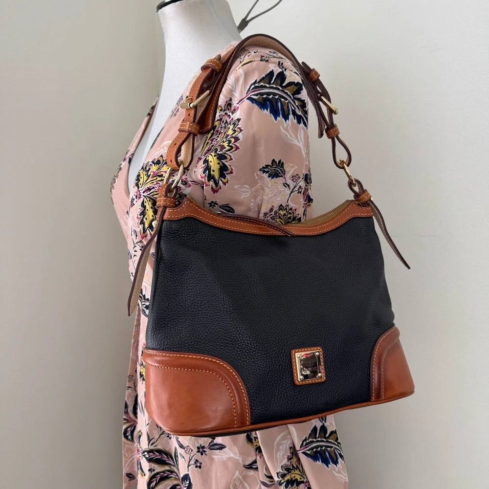 DOONEY & BOURKE Pebble Grain Leather Hobo Shoulder Handbag Tan Brown & Black